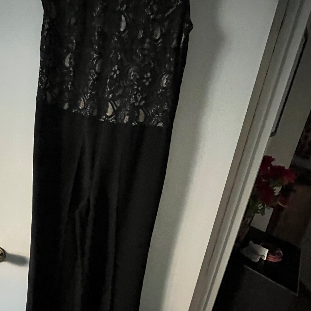 Venus Women's dressy black one piece jumpsuit with lined lace top and wide leg